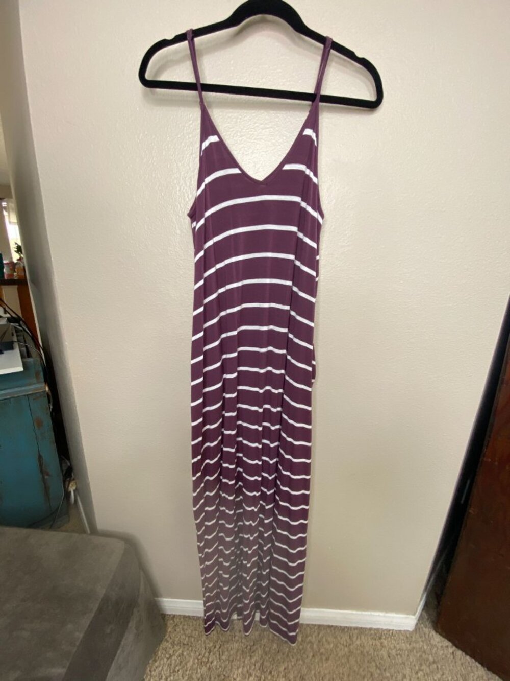 Zenana Premium Purple White Striped Maxi Dress Spaghetti Straps Womens  M
